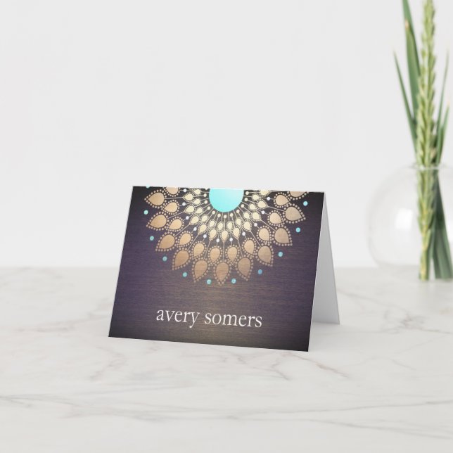 Elegant Gold Foil Ornate Leaf Mandala Wood Note Card (Front)