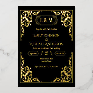 Elegant Gold Foil Ornate Monogram Black Wedding