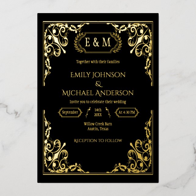 Elegant Gold Foil Ornate Monogram Black  Wedding  (Front)
