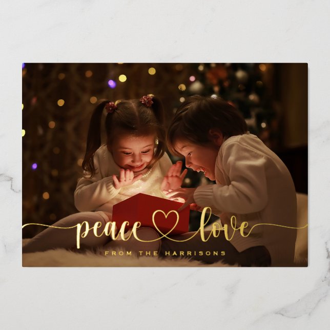 Elegant Gold Foil Peace Love Heart Holiday Card (Front)
