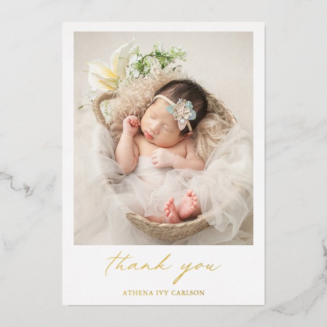 Elegant Gold Foil Photo Birth Announcement (Front)