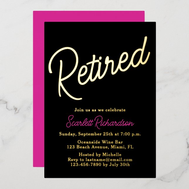 Elegant Gold Foil Pink Black Retirement Party (Front/Back)