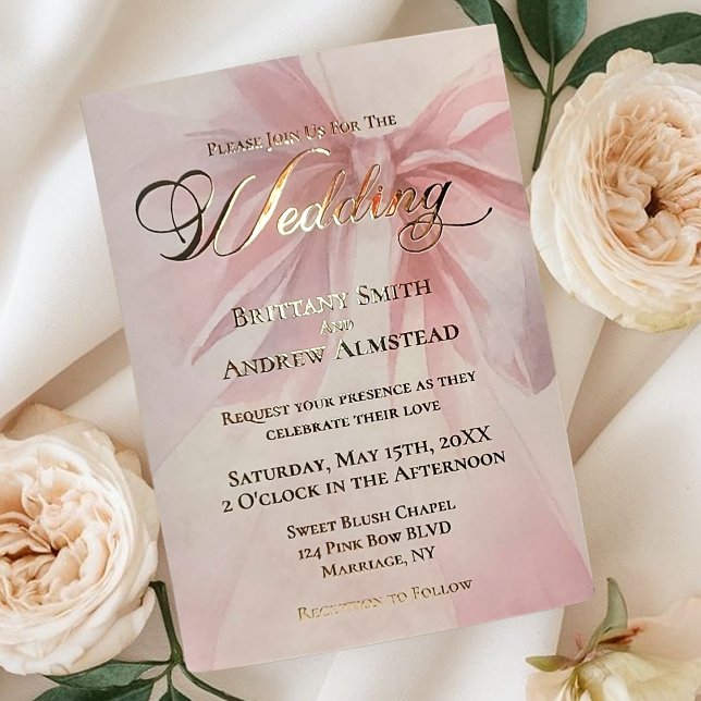 Elegant Gold Foil Pink Ribbon Wedding (Elegant Watercolor Blush Pink Bow Photo Wedding Foil Invitation)