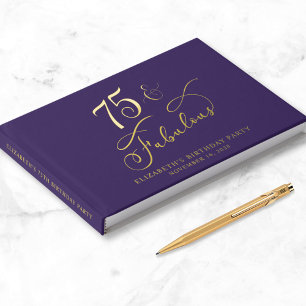 Elegant Gold Foil Purple 75th Birthday Party Guest Book