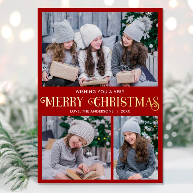 Elegant gold foil red Merry Christmas 3 photo Foil Holiday Card (Creator Uploaded)