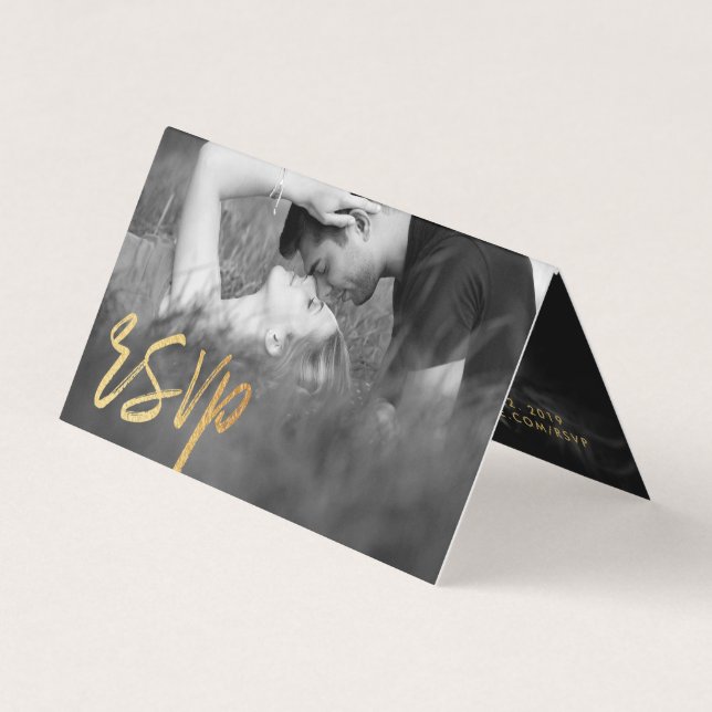 Elegant Gold Foil Script Double Photo RSVP Card (Front)