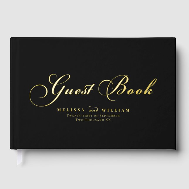 Elegant Gold Foil Script Modern Black Wedding Guest Book (Front)