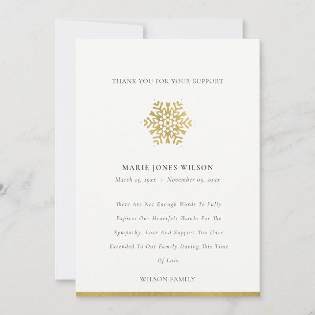 Elegant Gold Foil Snowflake Sympathy Memorial Thank You Card (Front)