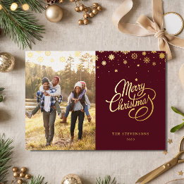 Elegant Gold Foil Snowflakes Family Photo Holiday Card