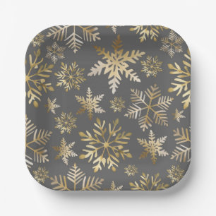 Elegant Gold Foil Snowflakes Grey Christmas Paper Plate