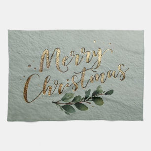 Elegant Gold Foil Stamped "Merry Christmas" Script Tea Towel