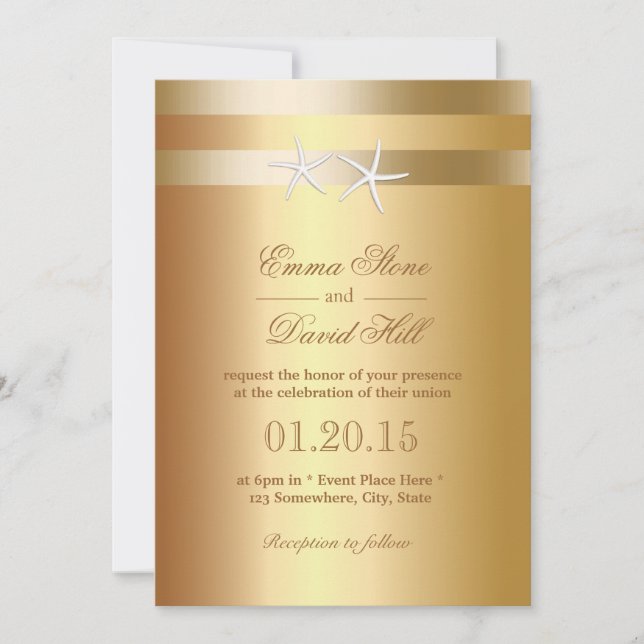 Elegant Gold Foil Starfish Wedding Invitations (Front)
