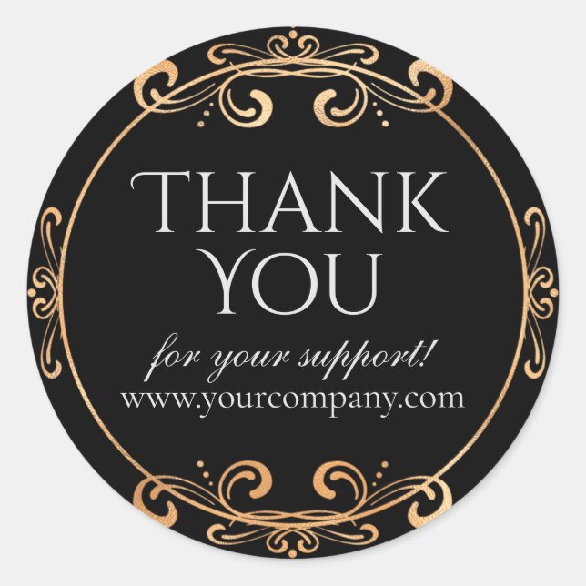 Elegant Gold Foil Swirls Luxury Black Thank You Classic Round Sticker (Front)