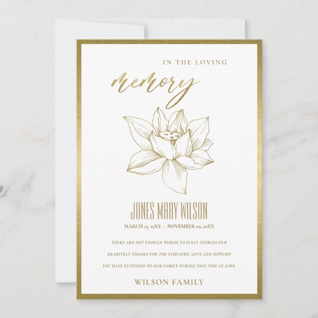 ELEGANT GOLD FOIL WATER LILY SYMPATHY MEMORIAL THANK YOU CARD (Front)