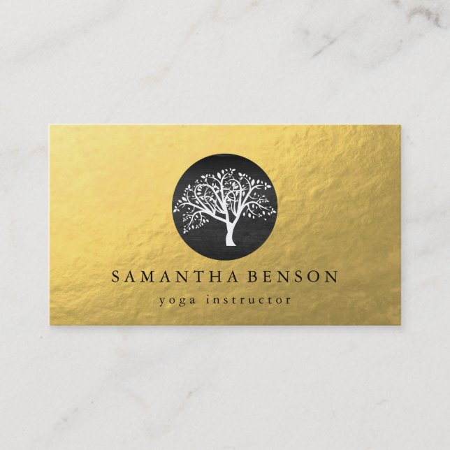 Elegant Gold Foil Watercolor Tree Yoga Meditation Business Card (Front)