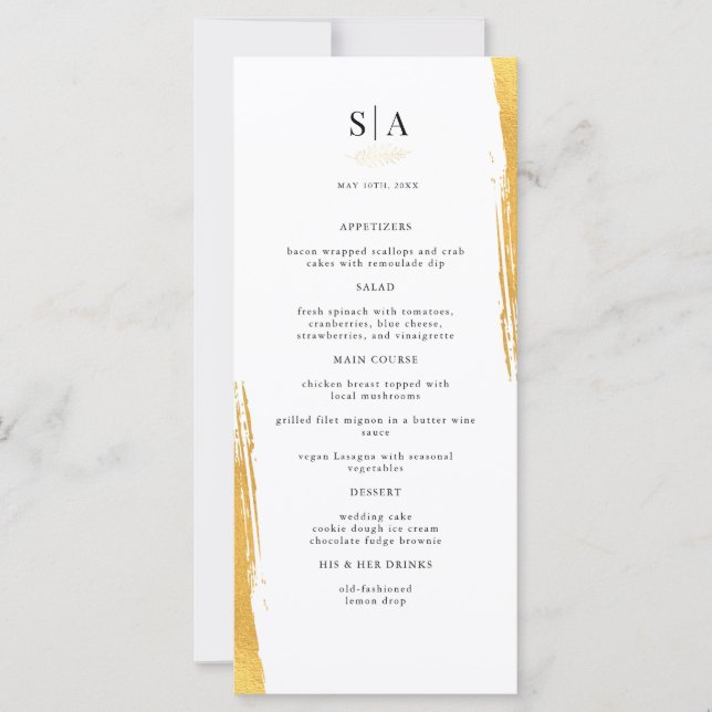 Elegant Gold Foil White Wedding Dinner Menu (Front)