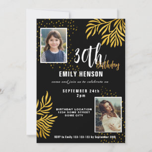  Elegant Gold Foliage 2 Photo 30th Birthday Party  Invitation