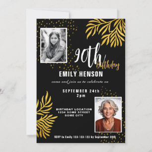  Elegant Gold Foliage 2 Photo 90th Birthday Party  Invitation