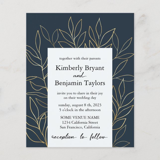 Elegant Gold Foliage. Dusty Blue Luxury Wedding In Flyer (Front)