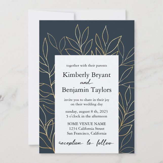 Elegant Gold Foliage. Dusty Blue Luxury Wedding Invitation (Front)