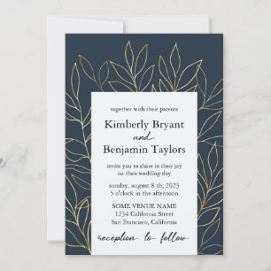 Elegant Gold Foliage. Dusty Blue Luxury Wedding Invitation