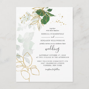 Elegant Gold Foliage Eucalyptus Greenery Wedding Invitation Postcard