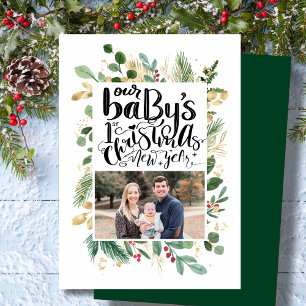 Elegant Gold Foliage Greenery Baby First Christmas Holiday Card