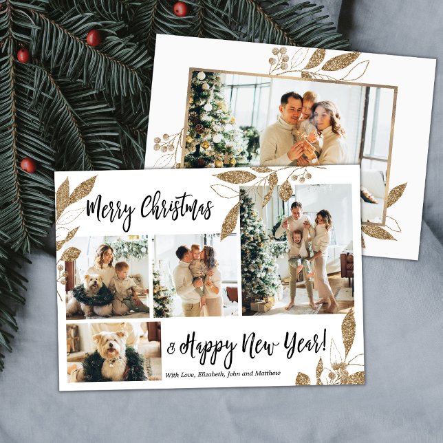 Elegant Gold Foliage Photo Collage Christmas Card (Creator Uploaded)