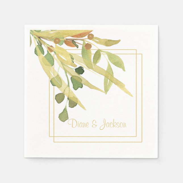 Elegant Gold Foliage Watercolor Framed Napkin (Front)