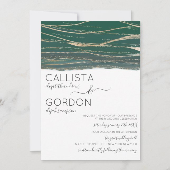 Elegant Gold Forest Green Vein Watercolor Wedding Invitation (Front)
