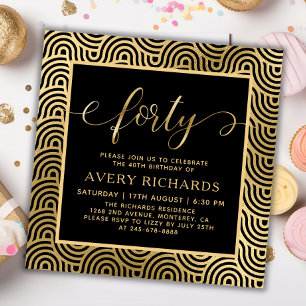 Elegant Gold Forty Script Black 40th Birthday Invitation