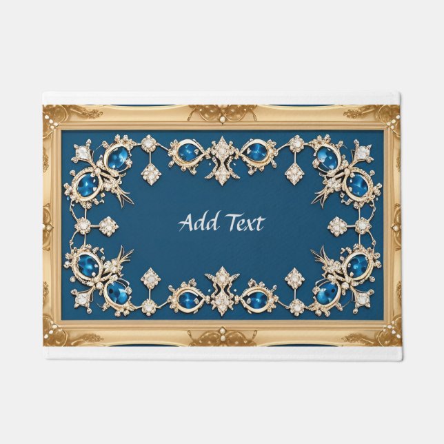 Elegant Gold Frame Adorned With Blue Gemstones Doormat (Front)
