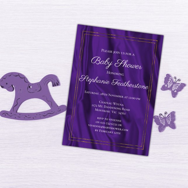 Elegant Gold Frame and Purple Silk Baby Shower Invitation (Creator Uploaded)