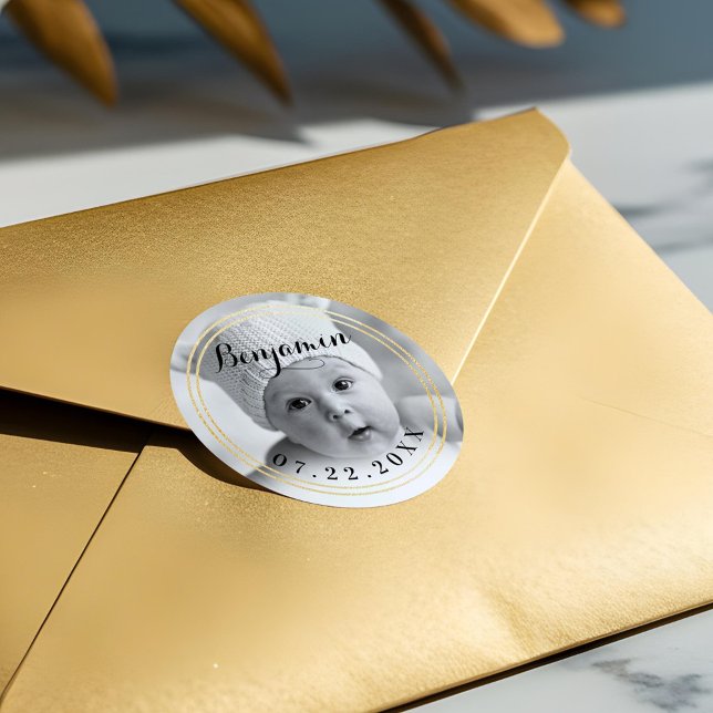 Elegant Gold Frame | Baby's First Christmas Photo Classic Round Sticker (Elegant Gold Frame | Baby's First Christmas Photo Classic Round Sticker)