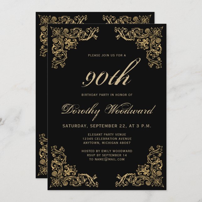 Elegant Gold Frame Black Birthday Party Invitation (Front/Back)