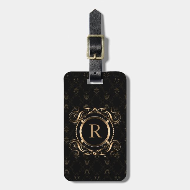 Elegant Gold Frame Black Damasks Luggage Tag (Front Vertical)