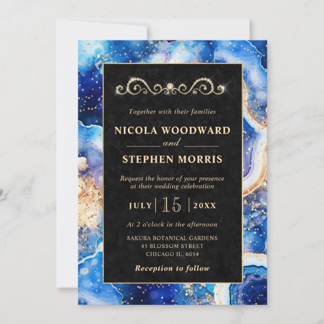 Elegant Gold Frame Blue Celestial Agate Wedding Invitation (Front)
