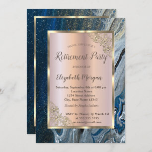 Elegant Gold Frame,Blue Marble Retirement Invitation
