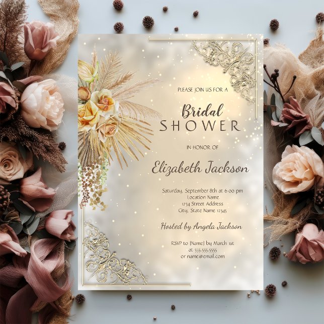 Elegant Gold Frame Boho Flowers Bridal Shower Invitation (Creator Uploaded)