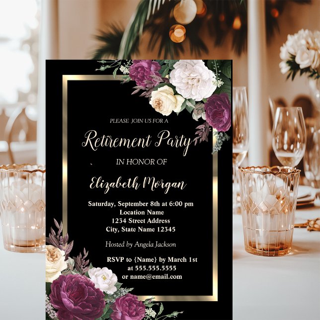 Elegant Gold Frame Burgundy Floral Retirement Invitation (Creator Uploaded)