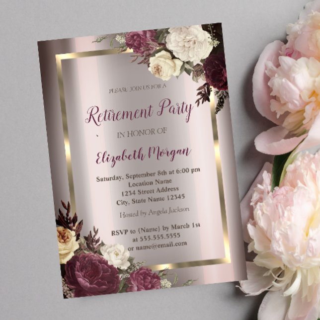 Elegant  Gold Frame Burgundy Roses Retirement Invitation (Creator Uploaded)