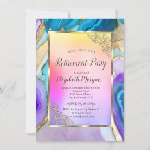 Elegant Gold Frame,Colourful Marble Retirement Invitation