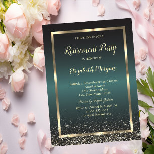 Elegant Gold Frame Confetti Dark Green Retirement  Invitation