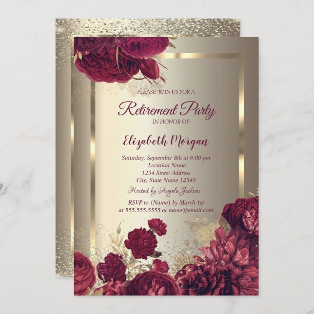 Elegant Gold Frame Confetti Roses Gold Retirement  Invitation (Front/Back)