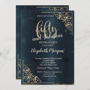 Elegant Gold Frame Dark Blue 50th Birthday Invitation