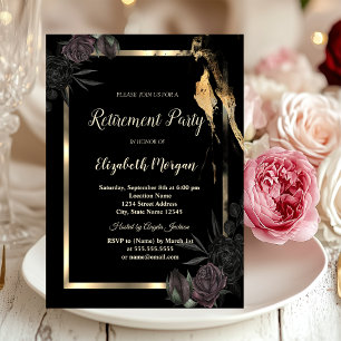 Elegant  Gold Frame Dark Roses Retirement  Invitation