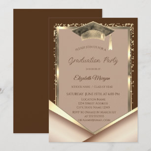 Elegant Gold Frame Diamonds Brown Graduation Invitation