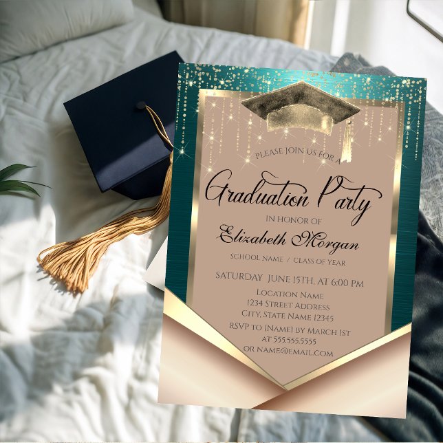 Elegant Gold Frame Diamonds Green Graduation Invitation (Creator Uploaded)