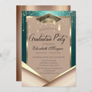 Elegant Gold Frame Diamonds Green Graduation Invitation
