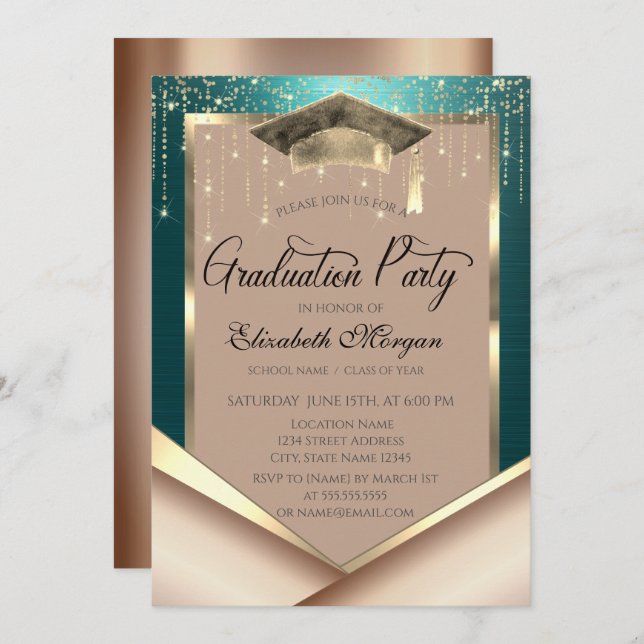 Elegant Gold Frame Diamonds Green Graduation Invitation (Front/Back)
